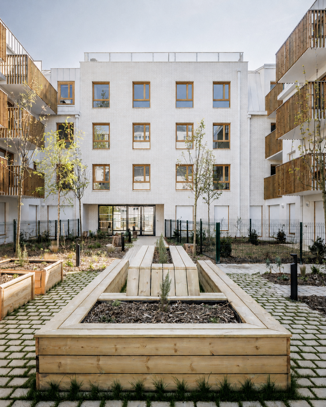 Cœur d'îlot paysager d'une résidence de 56 logements collectifs conçue par Cussac Architectes & Associés (CA+A) à Bondy (Seine-Saint-Denis), avec jardin partagé, jardinières en bois, cheminements perméables et façades en briques blanches.